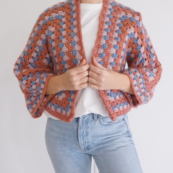 Handmade Crochet Granny Square Cardigan Dusty Rose & Blue Balletcore Sweater S - Picture 2 of 11